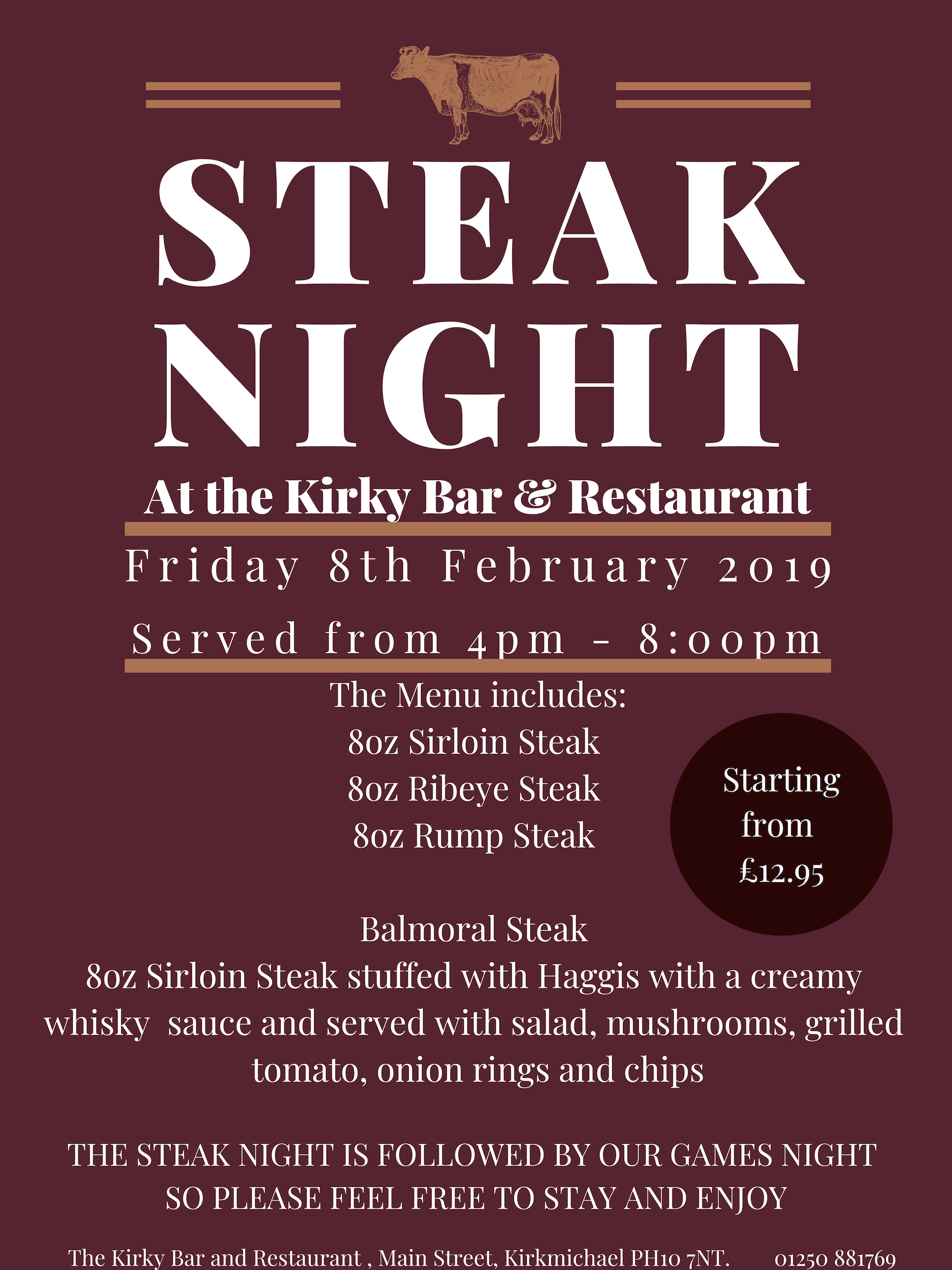 Steak Night and Games Night Kirkmichael Hotel